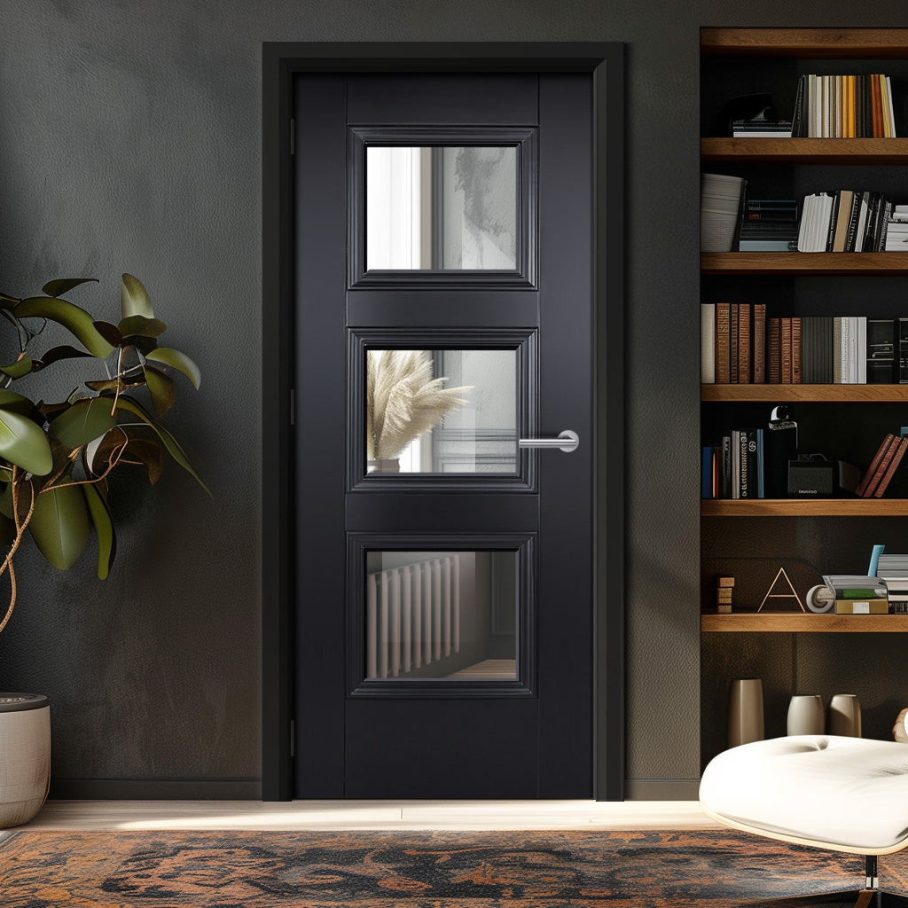 EasiKit Internal Door and Frame Kit - Amsterdam 3 Pane Black Primed Internal Door - Clear Glass