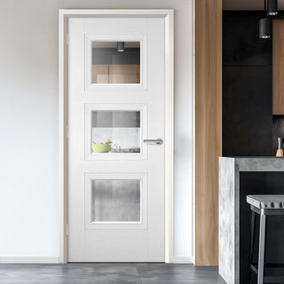 Image: EasiKit Internal Door and Frame Kit - Amsterdam 3 Pane Internal Door - Clear Glass - White Primed