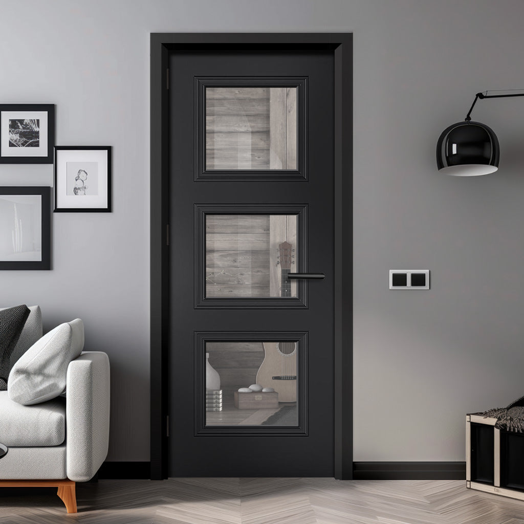 EasiKit Internal Door and Frame Kit - Antwerp 3 Pane Black Primed Internal Door - Clear Glass