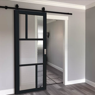 Image: Top Mounted Black Sliding Track & Solid Wood Door - Handcrafted Eco-Urban Arran 5 Pane Solid Wood Door DD6432R Clear Reeded Glass - Shadow Black Premium Primed