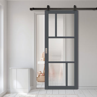 Image: Top Mounted Black Sliding Track & Solid Wood Door - Handcrafted Eco-Urban Arran 5 Pane Solid Wood Door DD6432R Clear Reeded Glass - Stormy Grey Premium Primed