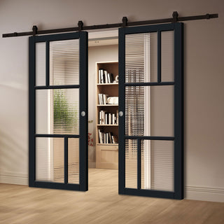 Image: Top Mounted Black Sliding Track & Solid Wood Double Doors - Eco-Urban Arran 5 Pane Doors DD6432R Clear Reeded Glass - Shadow Black Premium Primed