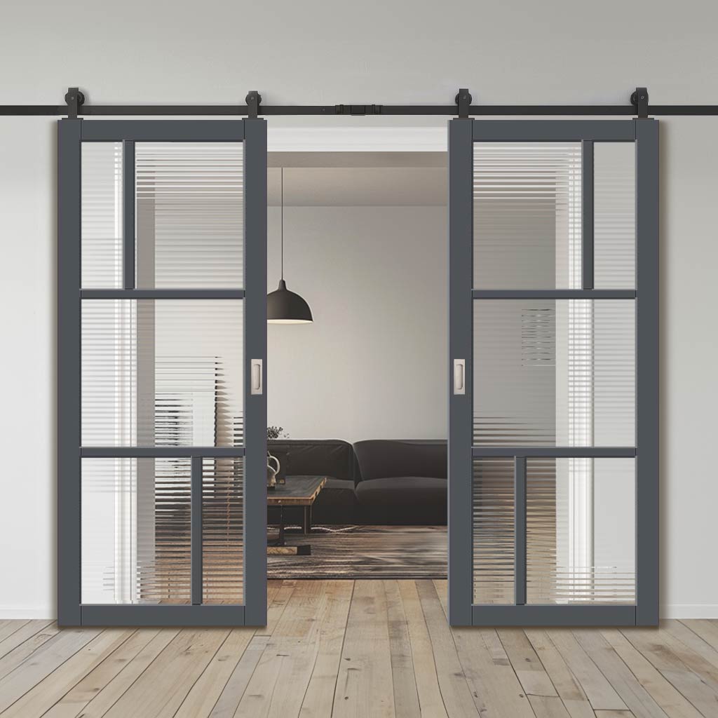 Top Mounted Black Sliding Track & Solid Wood Double Doors - Eco-Urban Arran 5 Pane Doors DD6432R Clear Reeded Glass - Stormy Grey Premium Primed