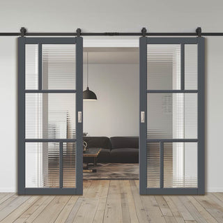 Image: Top Mounted Black Sliding Track & Solid Wood Double Doors - Eco-Urban Arran 5 Pane Doors DD6432R Clear Reeded Glass - Stormy Grey Premium Primed