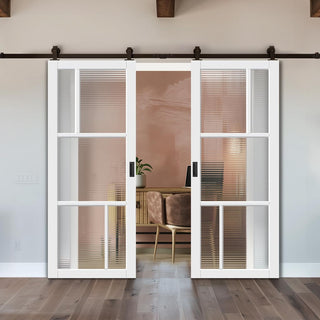 Image: Top Mounted Black Sliding Track & Solid Wood Double Doors - Eco-Urban Arran 5 Pane Doors DD6432R Clear Reeded Glass - Cloud White Premium Primed