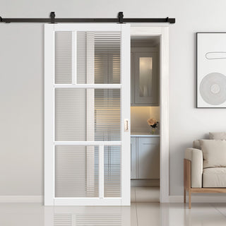 Image: Top Mounted Black Sliding Track & Solid Wood Door - Handcrafted Eco-Urban Arran 5 Pane Solid Wood Door DD6432R Clear Reeded Glass - Cloud White Premium Primed