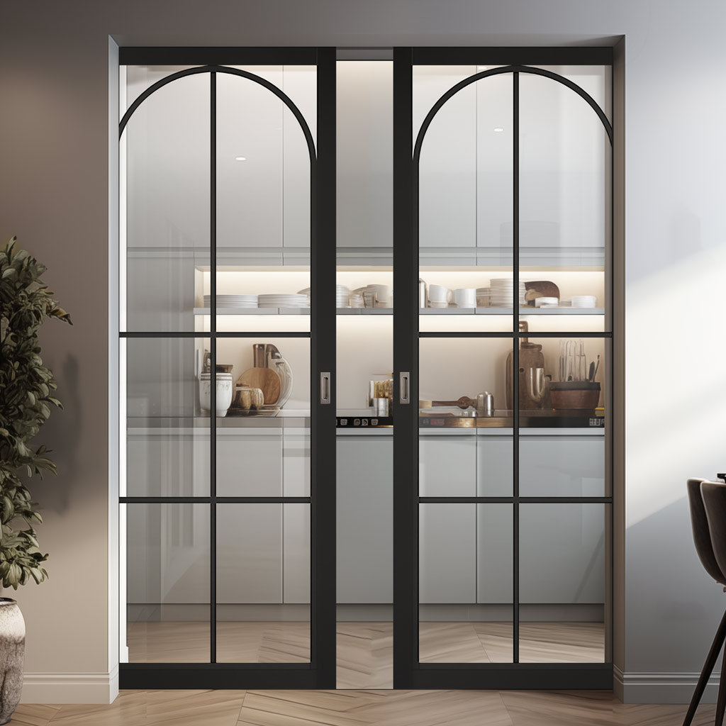 Astoria Black Absolute Evokit Double Pocket Doors - Clear Glass - Prefinished