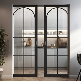 Image: Astoria Black Absolute Evokit Double Pocket Doors - Clear Glass - Prefinished