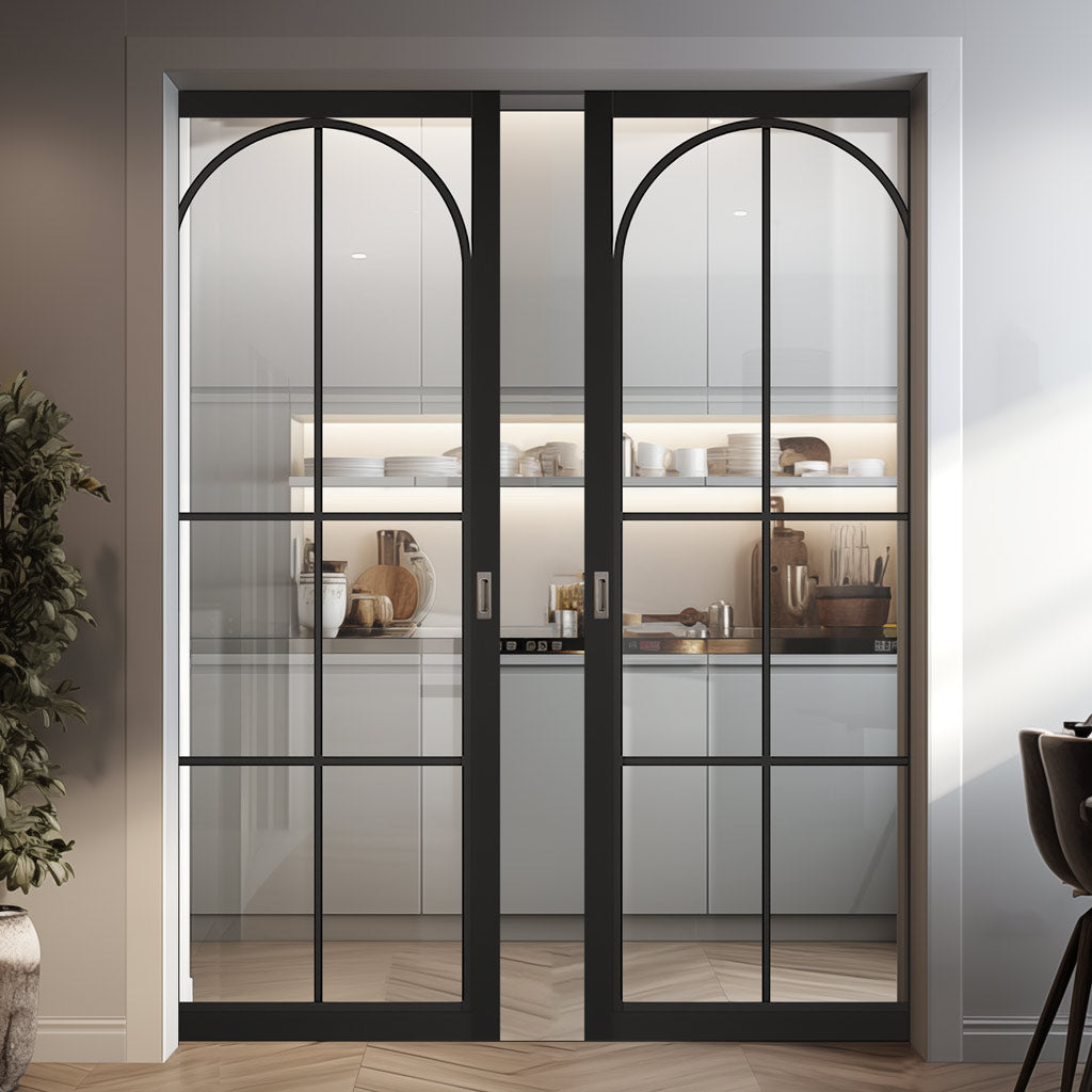 Astoria Black Double Evokit Pocket Doors - Clear Glass - Prefinished