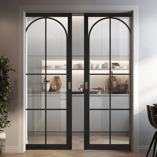 Image: Astoria Black Double Evokit Pocket Doors - Clear Glass - Prefinished