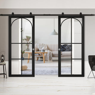 Image: Top Mounted Black Sliding Track & Double Door - Astoria Black Internal Door - Clear Glass - Prefinished