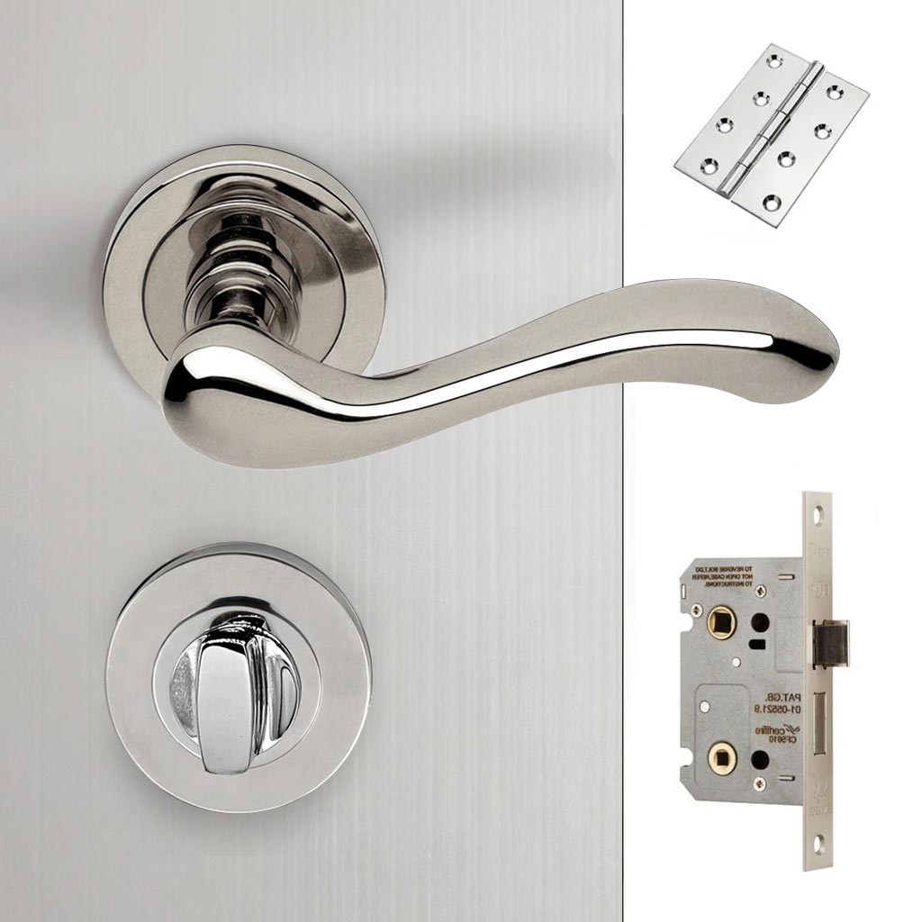 Bari Door Lever Bathroom Handle Pack - 4 Square Hinges - Polished Chrome Finish