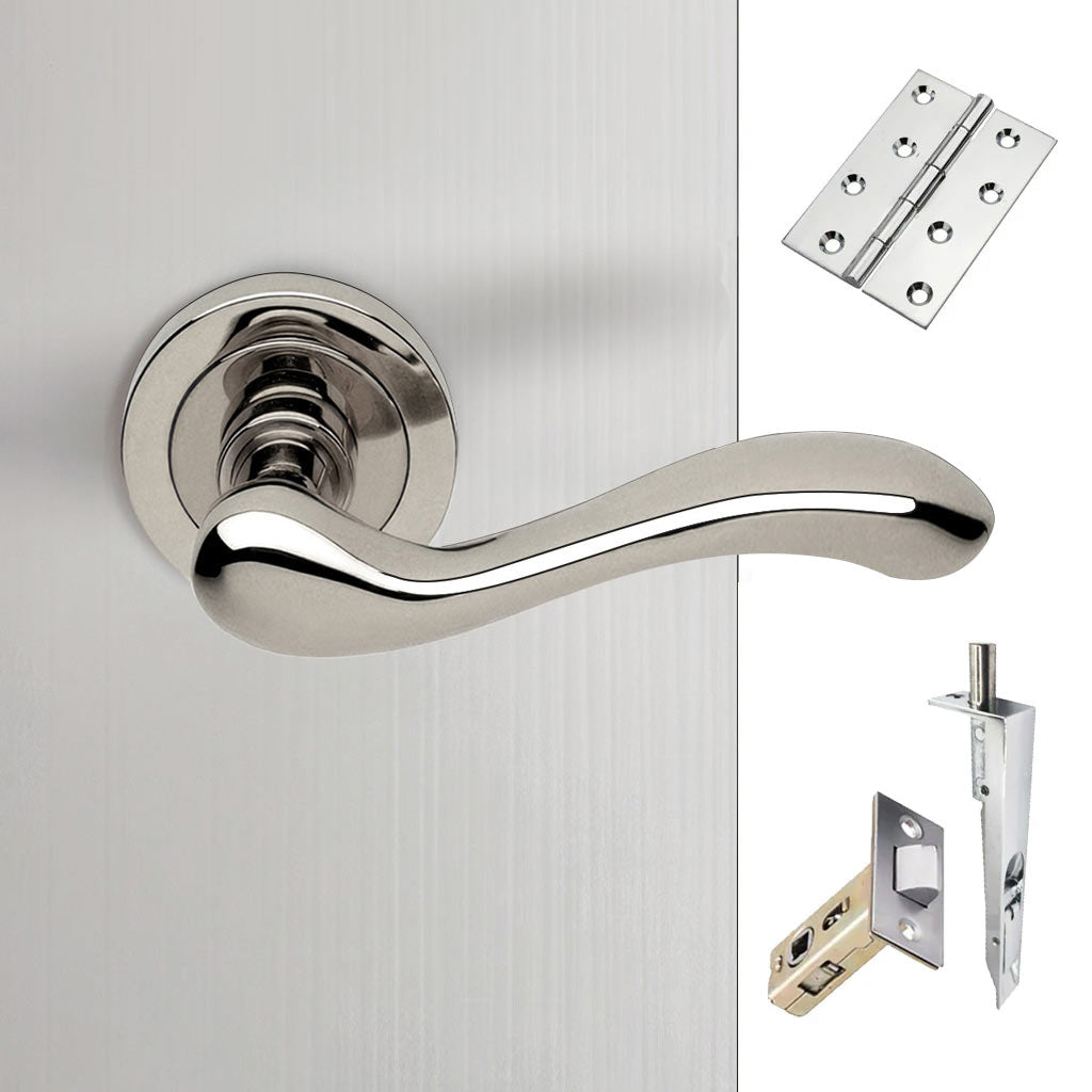 Bari Double Door Lever Handle Pack - 6 Square Hinges - Polished Chrome Finish - Combo Handle and Accessory Pack