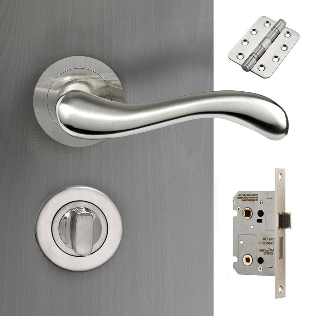 Bari Door Lever Bathroom Handle Pack - 4 Radius Cornered Hinges - Satin Finish