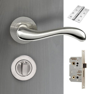 Image: Bari Door Lever Bathroom Handle Pack - 3 Square Hinges - Satin Finish