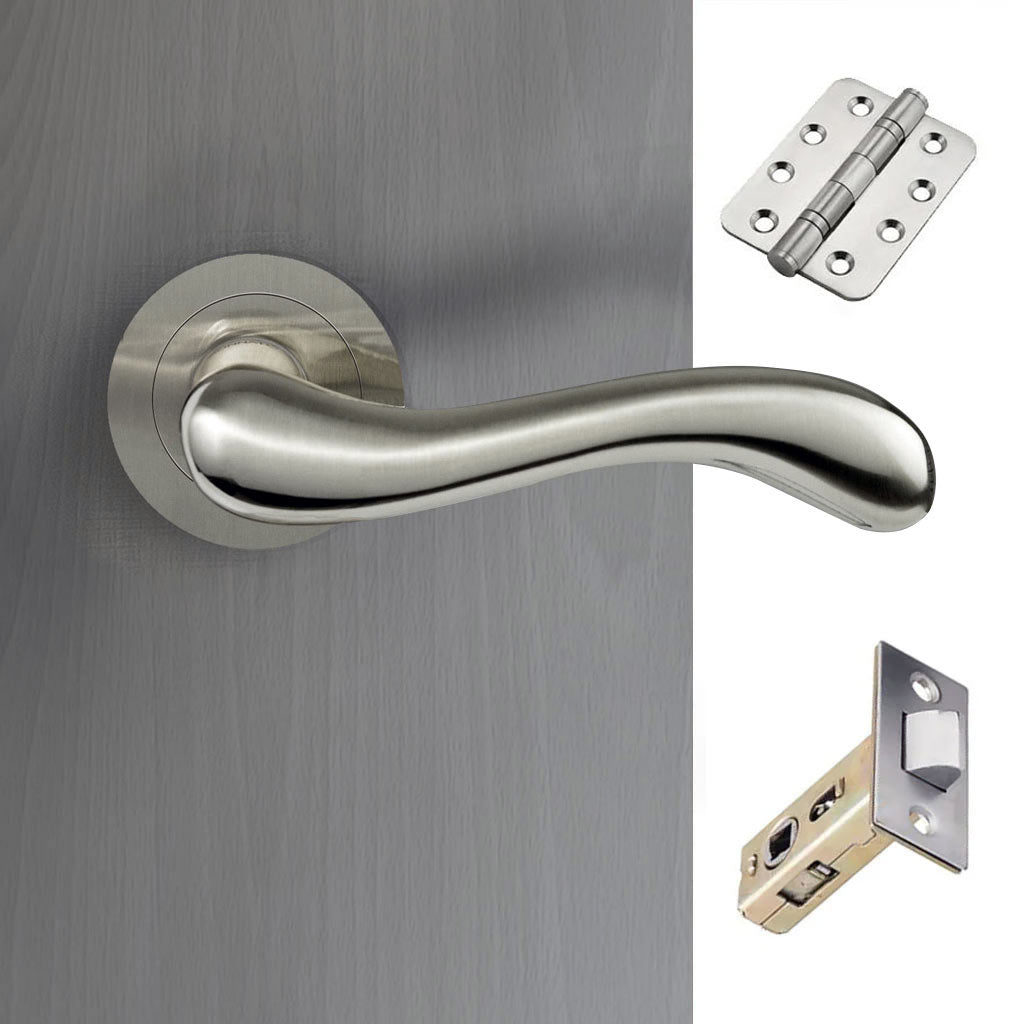 Bari Door Lever Handle Pack - 3 Radius Cornered Hinges - Satin Finish