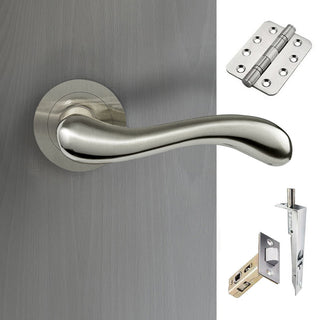 Image: Bari Double Door Lever Handle Pack - 6 Radius Cornered Hinges - Satin Finish - Combo Handle and Accessory Pack