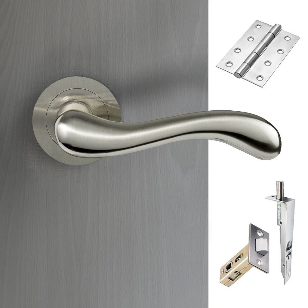 Bari Double Door Lever Handle Pack - 6 Square Hinges - Satin Finish - Combo Handle and Accessory Pack