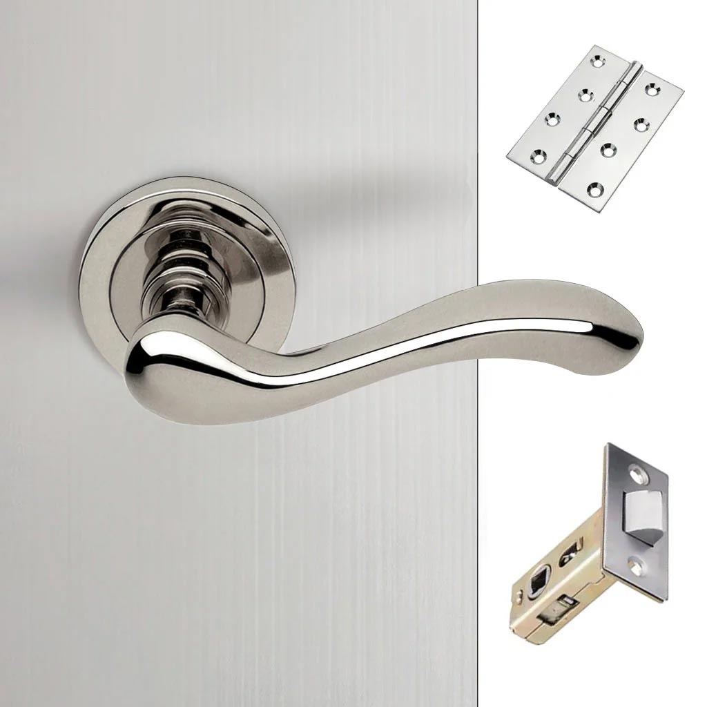 Bari Door Lever Handle Pack - 4 Square Hinges - Polished Chrome Finish