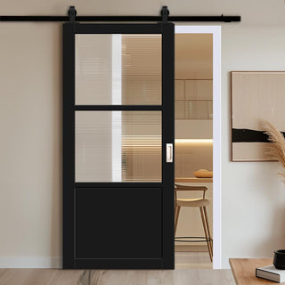 Image: Top Mounted Black Sliding Track & Solid Wood Door - Handcrafted Eco-Urban Berkley 2 Pane 1 Panel Solid Wood Door DD6309 - Clear Reeded Glass - Shadow Black Premium Primed