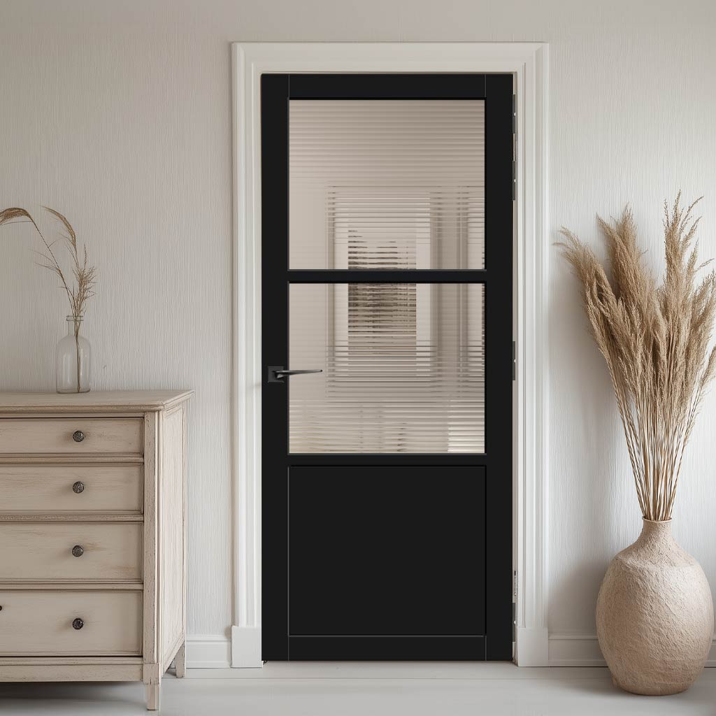 Berkley 2 Pane 1 Panel Solid Wood Internal Door UK Made DD6309 - Clear Reeded Glass - Eco-Urban® Shadow Black Premium Primed