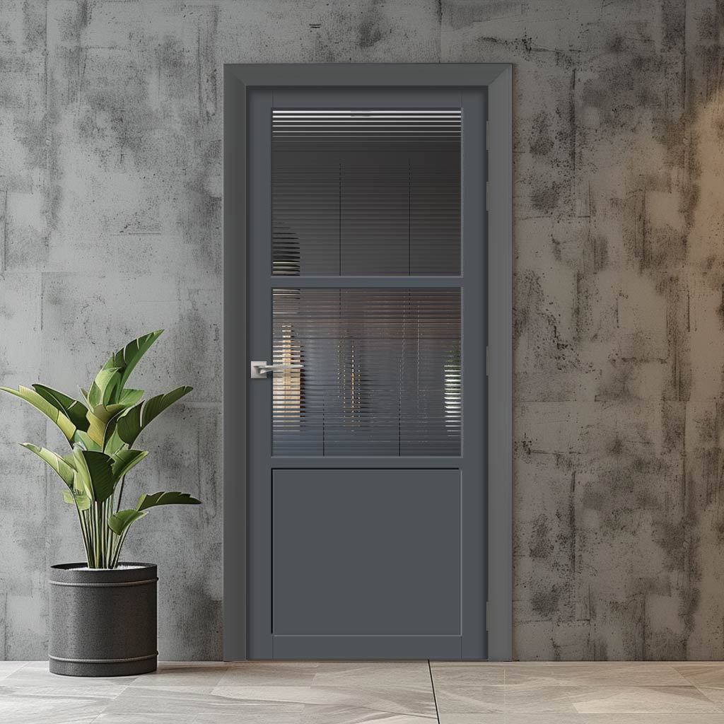 Berkley 2 Pane 1 Panel Solid Wood Internal Door UK Made DD6309 - Clear Reeded Glass - Eco-Urban® Stormy Grey Premium Primed