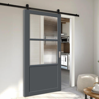 Image: Top Mounted Black Sliding Track & Solid Wood Door - Handcrafted Eco-Urban Berkley 2 Pane 1 Panel Solid Wood Door DD6309 - Clear Reeded Glass - Stormy Grey Premium Primed