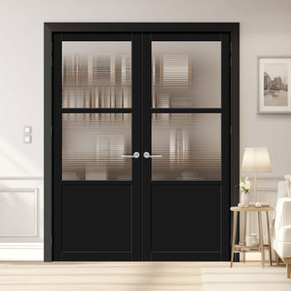 Image: Berkley 2 Pane 1 Panel Solid Wood Internal Door Pair UK Made DD6309 - Clear Reeded Glass - Eco-Urban® Shadow Black Premium Primed