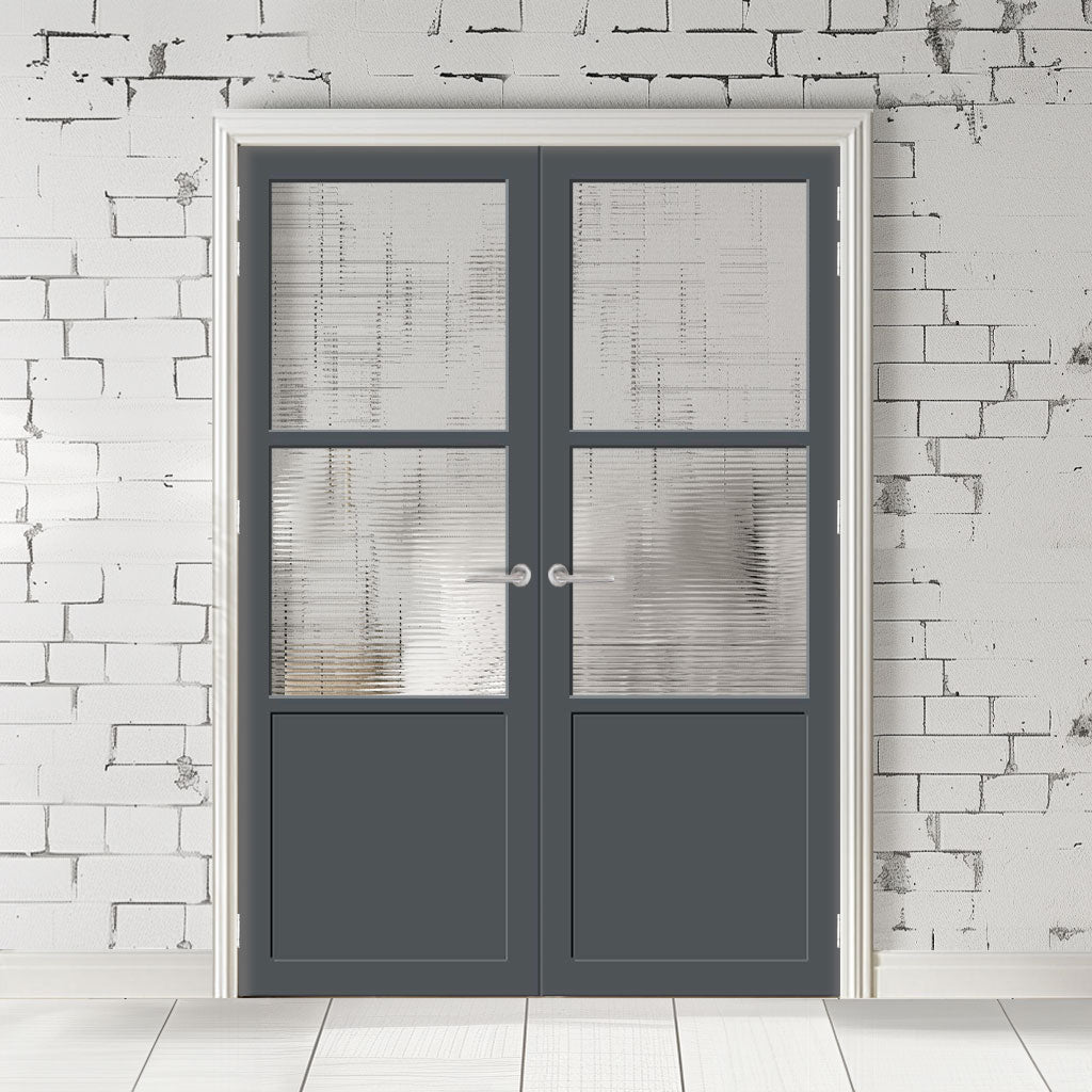 Berkley 2 Pane 1 Panel Solid Wood Internal Door Pair UK Made DD6309 - Clear Reeded Glass - Eco-Urban® Stormy Grey Premium Primed