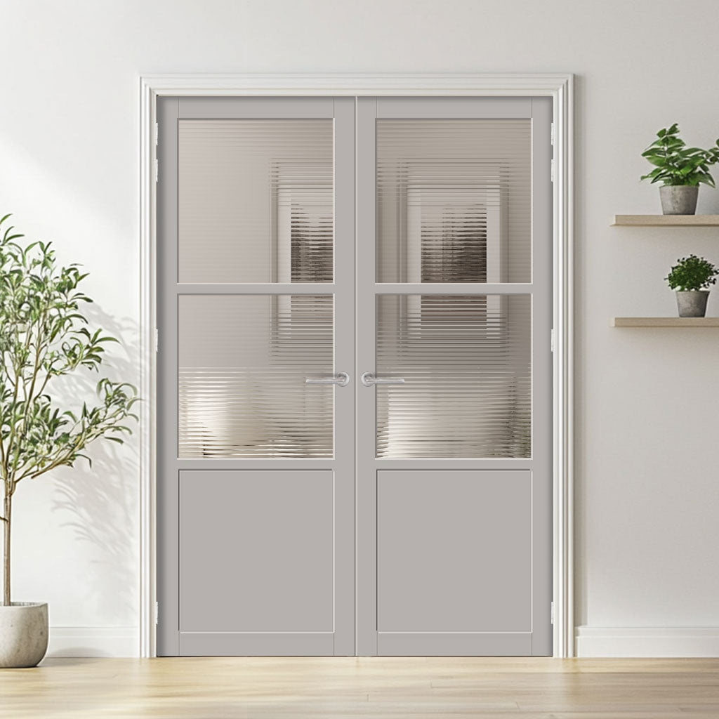 Berkley 2 Pane 1 Panel Solid Wood Internal Door Pair UK Made DD6309 - Clear Reeded Glass - Eco-Urban® Mist Grey Premium Primed