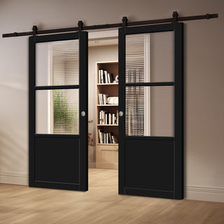 Image: Top Mounted Black Sliding Track & Solid Wood Double Doors - Eco-Urban Berkley 2 Pane 1 Panel Doors DD6309 - Clear Reeded Glass - Shadow Black Premium Primed