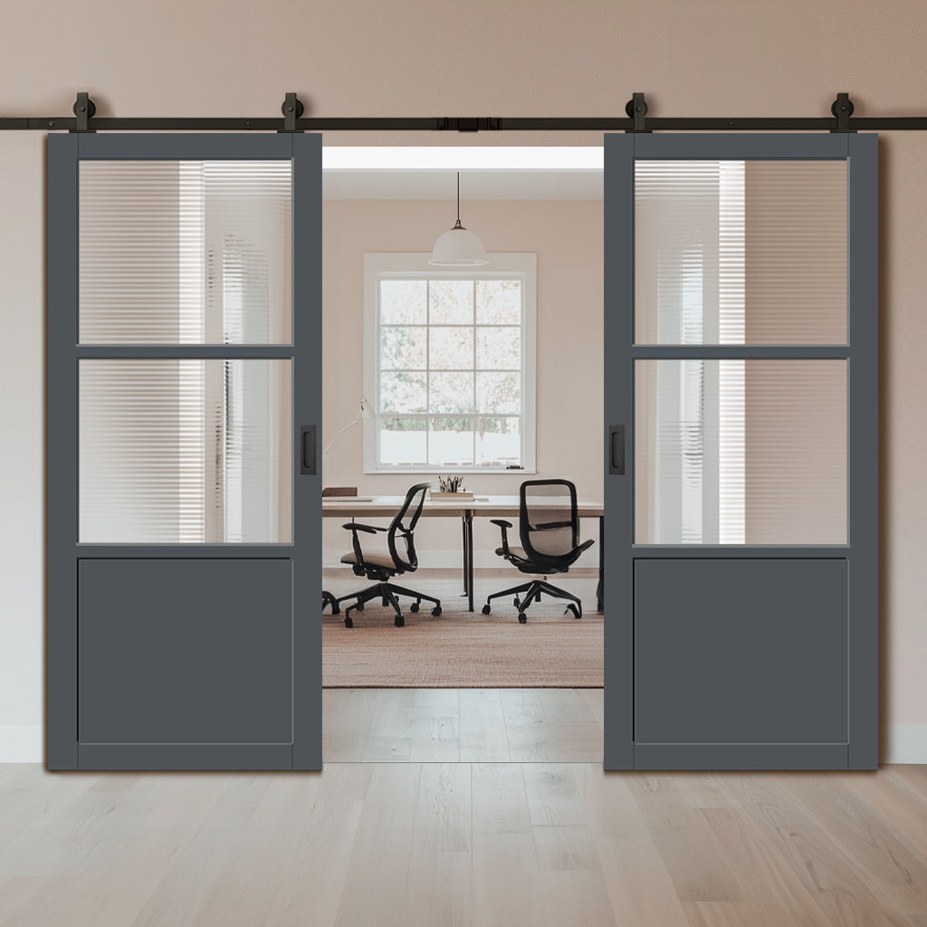 Top Mounted Black Sliding Track & Solid Wood Double Doors - Eco-Urban Berkley 2 Pane 1 Panel Doors DD6309 - Clear Reeded Glass - Stormy Grey Premium Primed