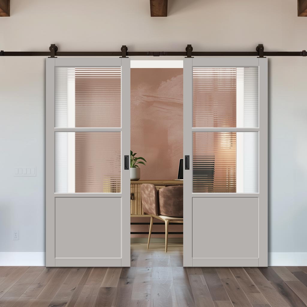 Top Mounted Black Sliding Track & Solid Wood Double Doors - Eco-Urban Berkley 2 Pane 1 Panel Doors DD6309 - Clear Reeded Glass - Mist Grey Premium Primed