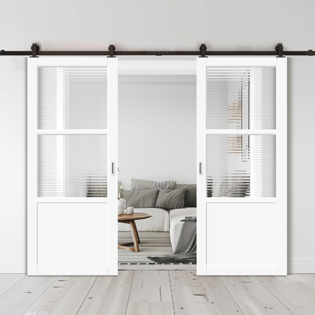 Top Mounted Black Sliding Track & Solid Wood Double Doors - Eco-Urban Berkley 2 Pane 1 Panel Doors DD6309 - Clear Reeded Glass - Cloud White Premium Primed