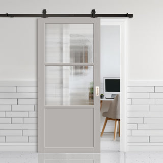 Image: Top Mounted Black Sliding Track & Solid Wood Door - Handcrafted Eco-Urban Berkley 2 Pane 1 Panel Solid Wood Door DD6309 - Clear Reeded Glass - Mist Grey Premium Primed