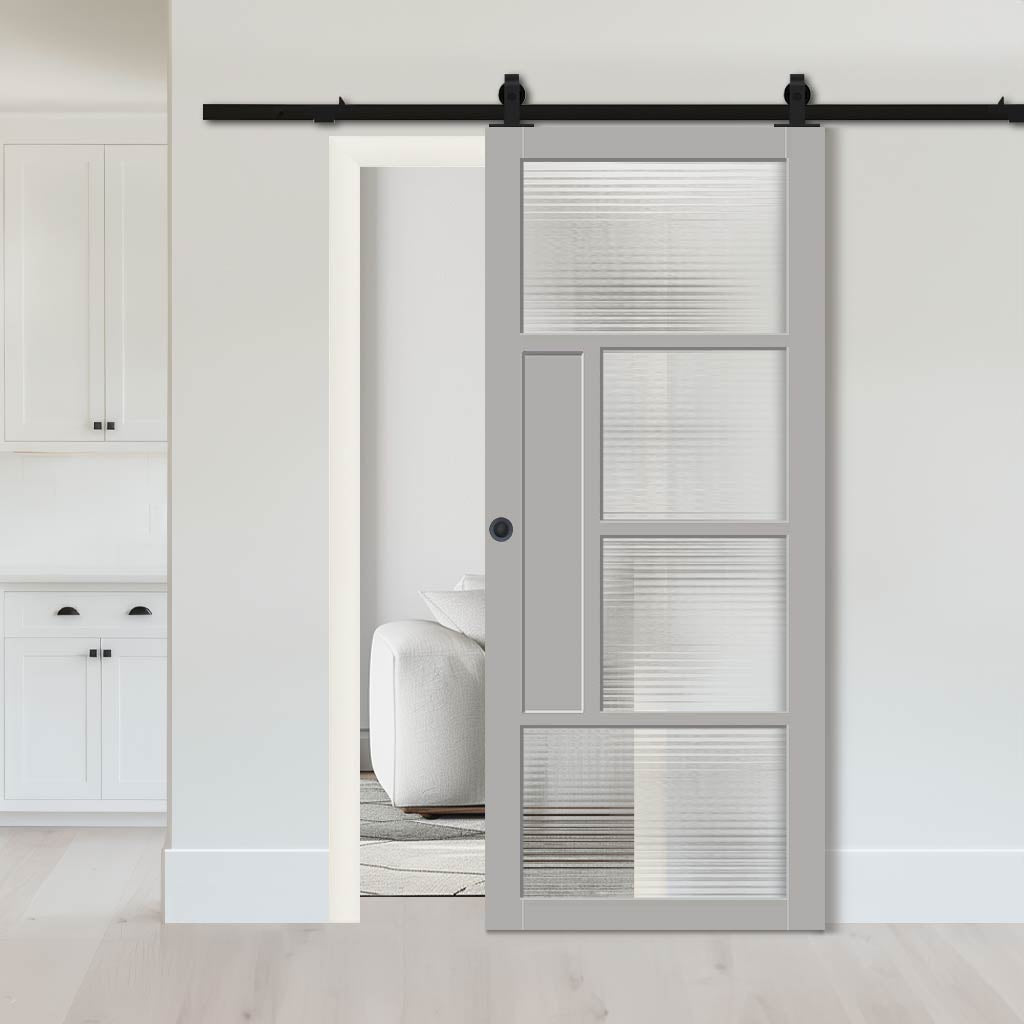 Top Mounted Black Sliding Track & Solid Wood Door - Handcrafted Eco-Urban Boston 4 Pane Solid Wood Door DD6311 - Clear Reeded Glass - Mist Grey Premium Primed