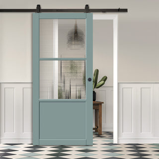 Image: Top Mounted Black Sliding Track & Solid Wood Door - Handcrafted Eco-Urban Berkley 2 Pane 1 Panel Solid Wood Door DD6309 - Clear Reeded Glass - Sage Sky Premium Primed