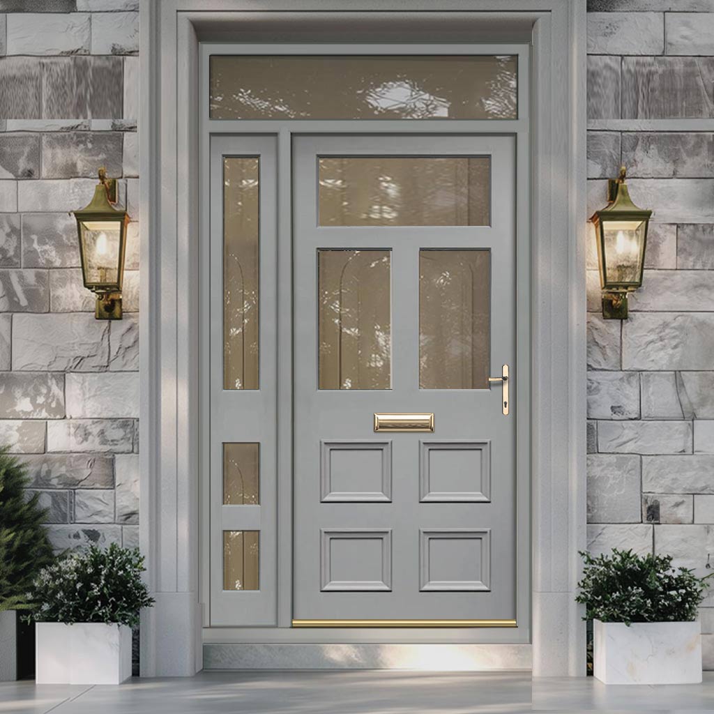 Exterior Victorian Bronte 3L 4P Front Door with Single Sidelight and Transom - Customisable: Size, Colour, Glass and Sidelight Options