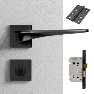 Image: Zenith Door Lever Bathroom Handle Pack - 4 Square Hinges - Matt Black