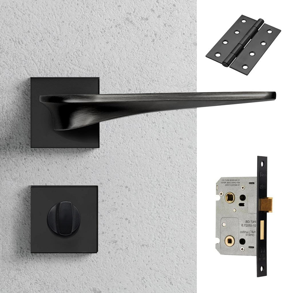 Zenith Door Lever Bathroom Handle Pack - 3 Square Hinges - Matt Black