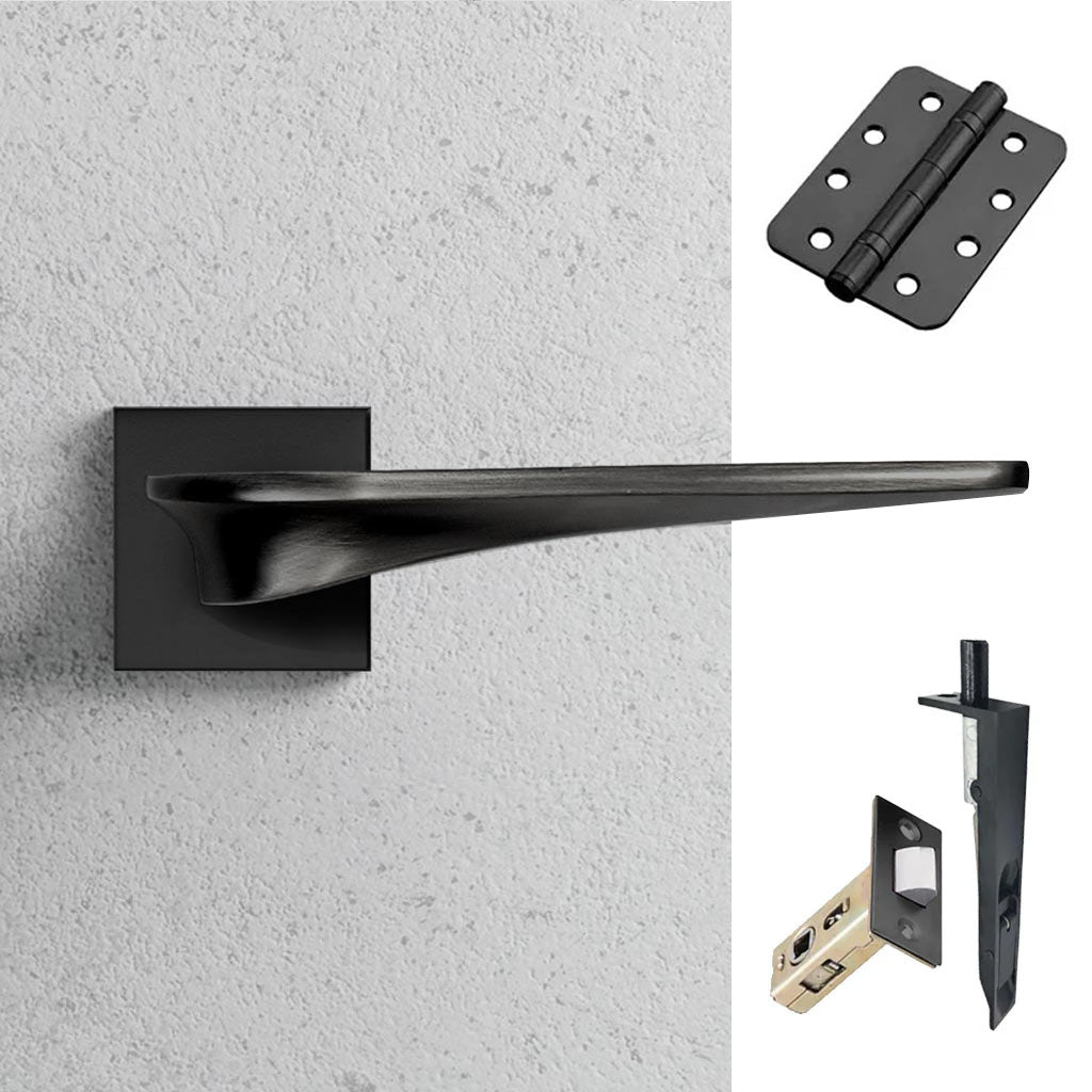 Zenith Double Door Lever Handle Pack - 6 Radius Cornered Hinges - Matt Black - Combo Handle and Accessory Pack