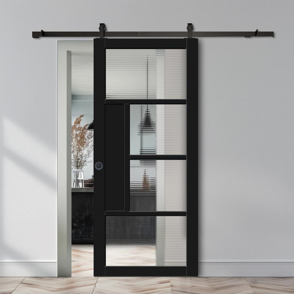 Top Mounted Black Sliding Track & Solid Wood Door - Handcrafted Eco-Urban Boston 4 Pane Solid Wood Door DD6311 - Clear Reeded Glass - Shadow Black Premium Primed