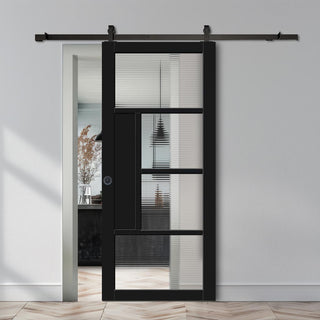 Image: Top Mounted Black Sliding Track & Solid Wood Door - Handcrafted Eco-Urban Boston 4 Pane Solid Wood Door DD6311 - Clear Reeded Glass - Shadow Black Premium Primed