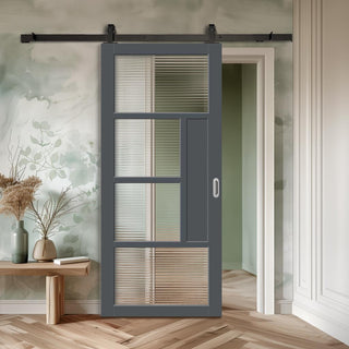 Image: Top Mounted Black Sliding Track & Solid Wood Door - Handcrafted Eco-Urban Boston 4 Pane Solid Wood Door DD6311 - Clear Reeded Glass - Stormy Grey Premium Primed