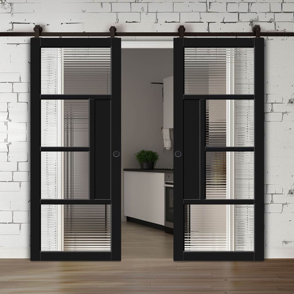 Top Mounted Black Sliding Track & Solid Wood Double Doors - Eco-Urban Boston 4 Pane Doors DD6311 - Clear Reeded Glass - Shadow Black Premium Primed