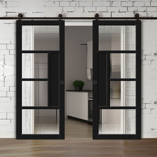 Image: Top Mounted Black Sliding Track & Solid Wood Double Doors - Eco-Urban Boston 4 Pane Doors DD6311 - Clear Reeded Glass - Shadow Black Premium Primed