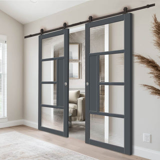 Image: Top Mounted Black Sliding Track & Solid Wood Double Doors - Eco-Urban Boston 4 Pane Doors DD6311 - Clear Reeded Glass - Stormy Grey Premium Primed