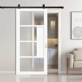 Image: Top Mounted Black Sliding Track & Solid Wood Door - Handcrafted Eco-Urban Boston 4 Pane Solid Wood Door DD6311 - Clear Reeded Glass - Cloud White Premium Primed