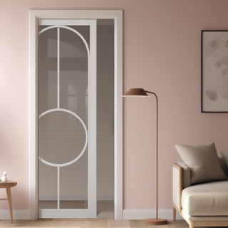 Image: Bowery White Primed Single Evokit Pocket Door - Clear Glass