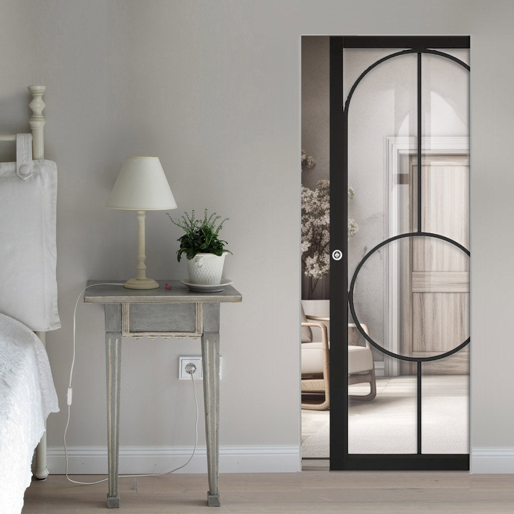 Bowery Black Single Absolute Evokit Pocket Door - Clear Glass - Prefinished